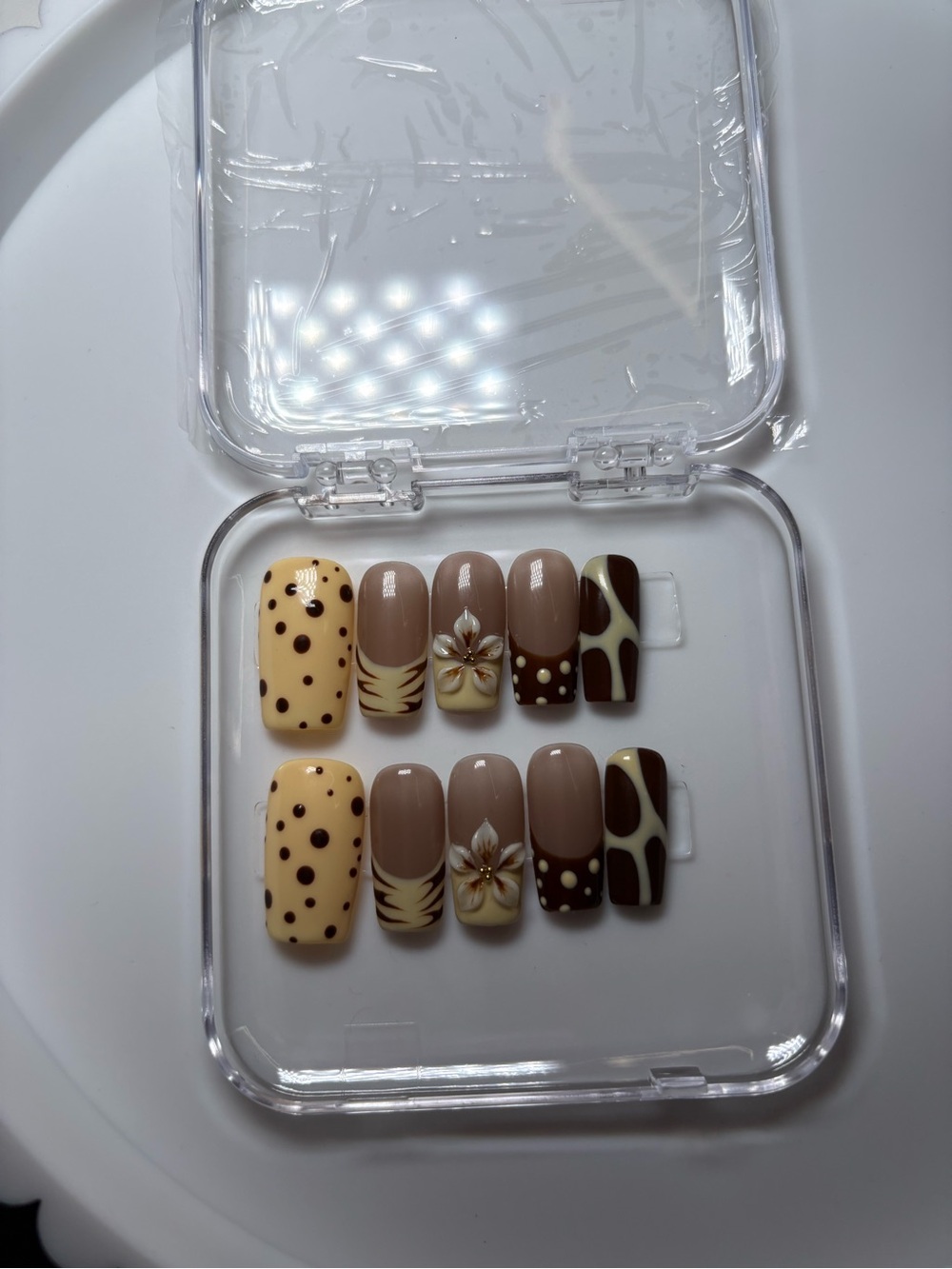 Press-On Nail Set in Beige, Brown & Cream - Floral and Polka Dot Design